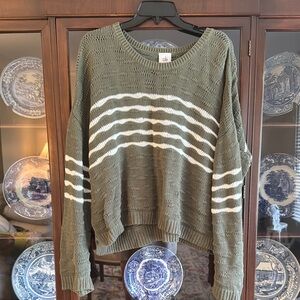 CAbi Green and White Crew Neck Sweater
